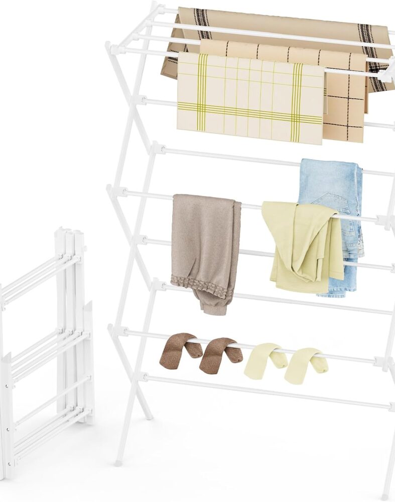 Drying Rack Clothing, 3-Tier Clothes Drying Rack Foldable, Antirust Laundry Drying Rack Collapsible Use for Indoor & Outdoor, 11.8" D x 34.6" W x 35.4" H, White