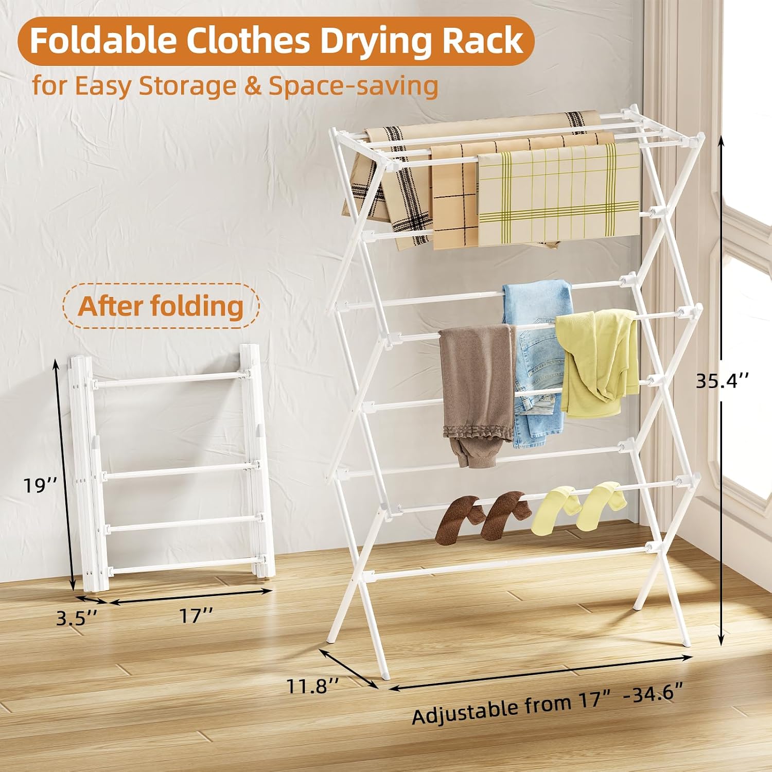 Drying Rack Clothing, 3-Tier Clothes Drying Rack Foldable, Antirust Laundry Drying Rack Collapsible Use for Indoor & Outdoor, 11.8" D x 34.6" W x 35.4" H, White - Image 2