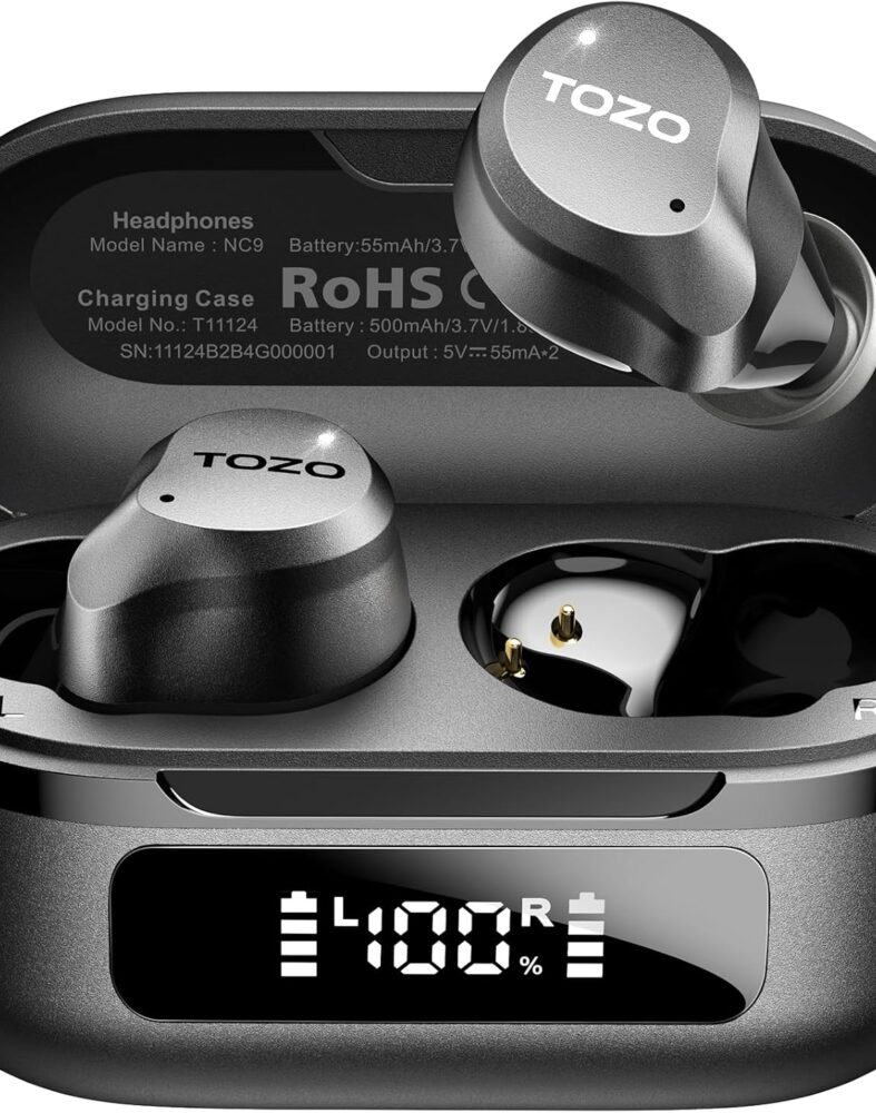 TOZO NC9 Hybrid Active Noise Cancelling Wireless Earbuds, 60H, LED Display | 6 Mic ENC Clear Calls, Deep Bass Sound, IPX8, in Ear Bluetooth 5.3 Headphones,32 EQs via APP, Comfort Fit Ear Buds, Black