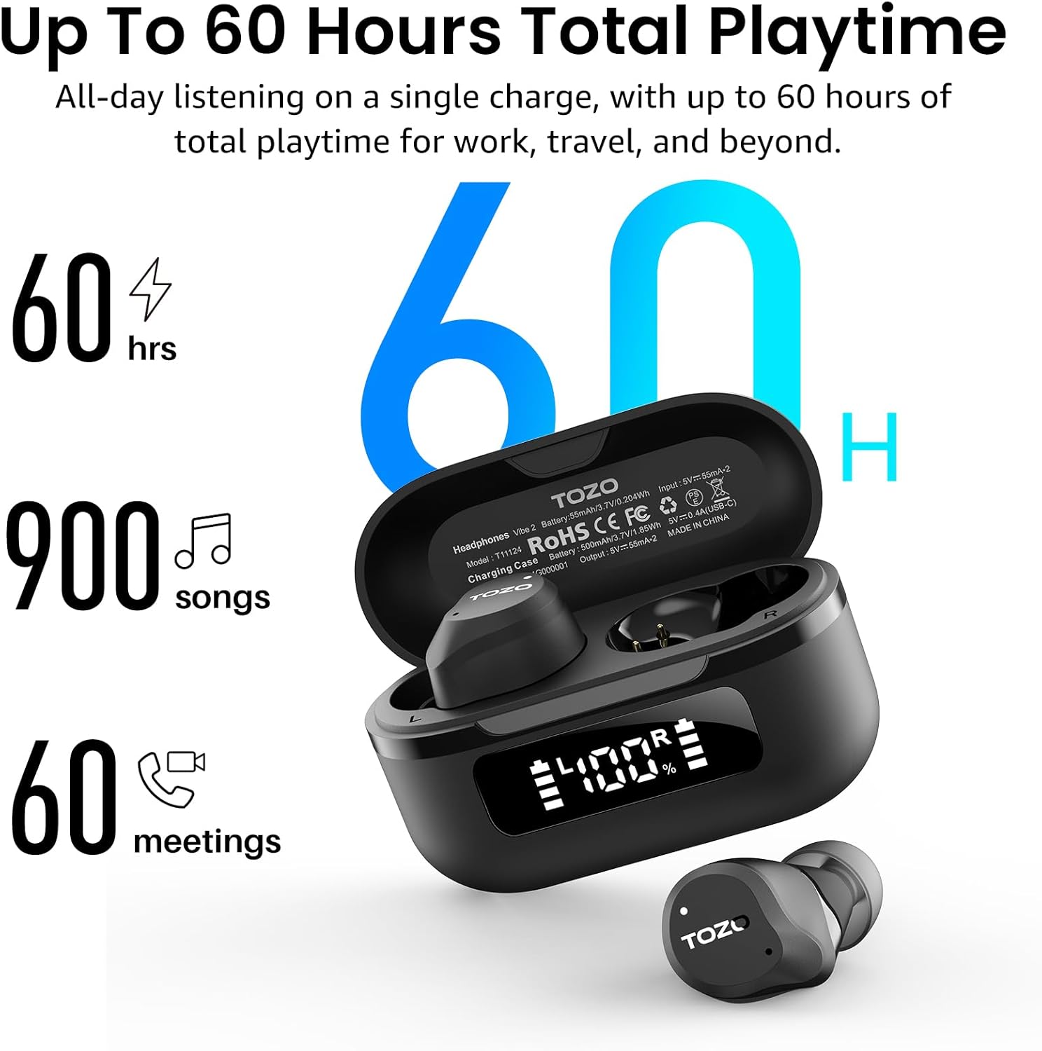 TOZO NC9 Hybrid Active Noise Cancelling Wireless Earbuds, 60H, LED Display | 6 Mic ENC Clear Calls, Deep Bass Sound, IPX8, in Ear Bluetooth 5.3 Headphones,32 EQs via APP, Comfort Fit Ear Buds, Black - Image 4