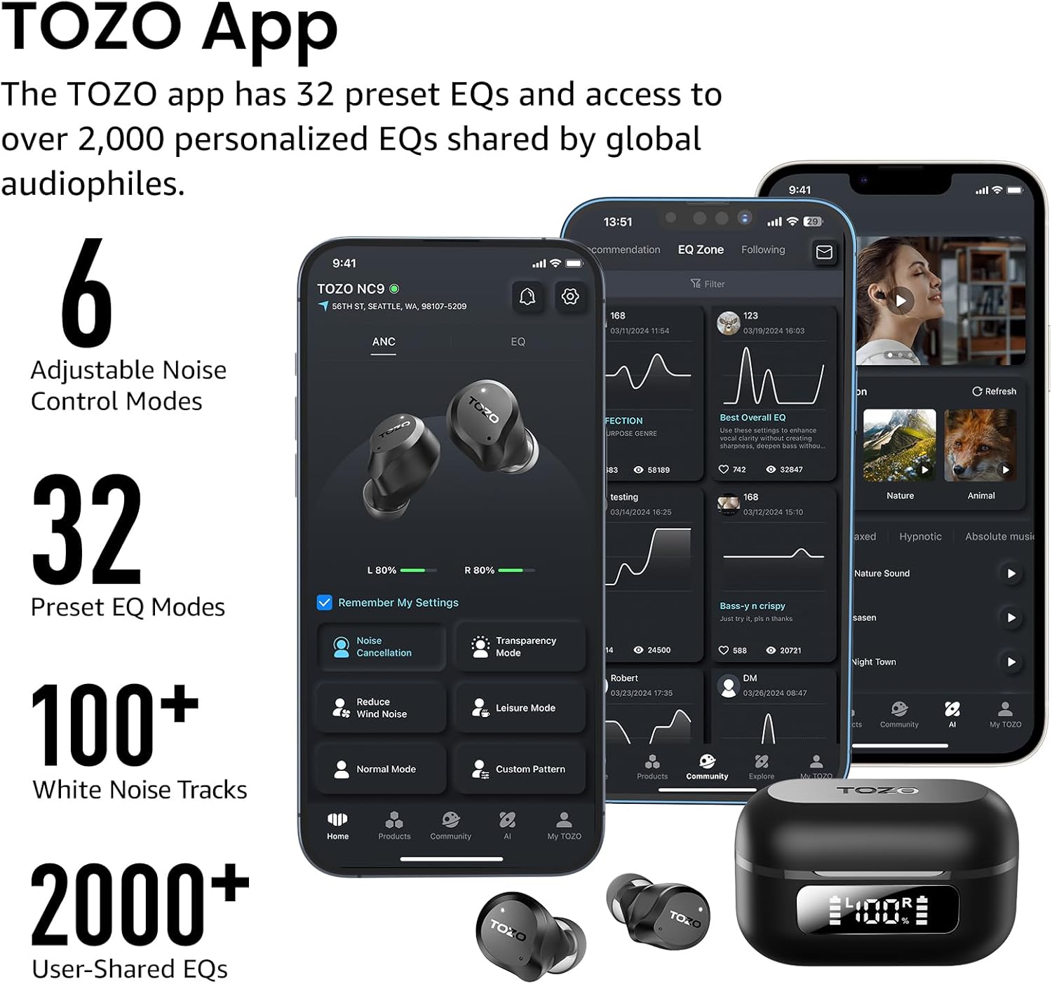 TOZO NC9 Hybrid Active Noise Cancelling Wireless Earbuds, 60H, LED Display | 6 Mic ENC Clear Calls, Deep Bass Sound, IPX8, in Ear Bluetooth 5.3 Headphones,32 EQs via APP, Comfort Fit Ear Buds, Black - Image 6