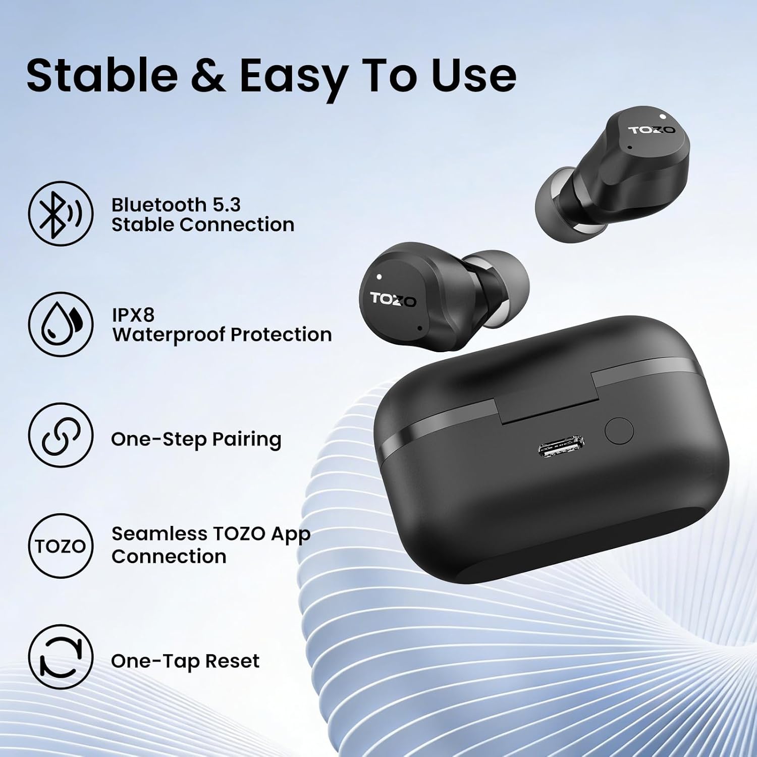 TOZO NC9 Hybrid Active Noise Cancelling Wireless Earbuds, 60H, LED Display | 6 Mic ENC Clear Calls, Deep Bass Sound, IPX8, in Ear Bluetooth 5.3 Headphones,32 EQs via APP, Comfort Fit Ear Buds, Black - Image 9