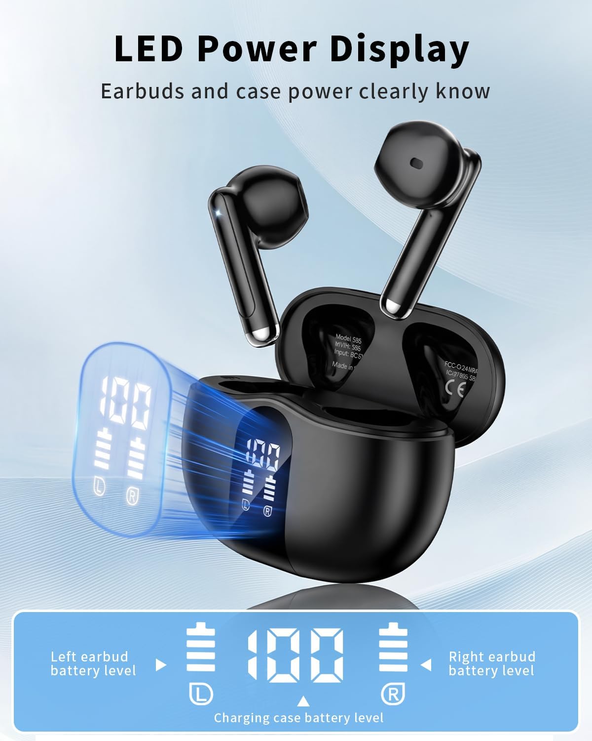 Wireless Earbuds, 2026 Bluetooth 5.4 Headphones Bass Stereo Ear Buds with Noise Cancelling Mic, LED Display in Ear Earphones 50H Playtime Ear Buds, IP7 Waterproof for Laptop Pad Phones Soft Black - Image 2